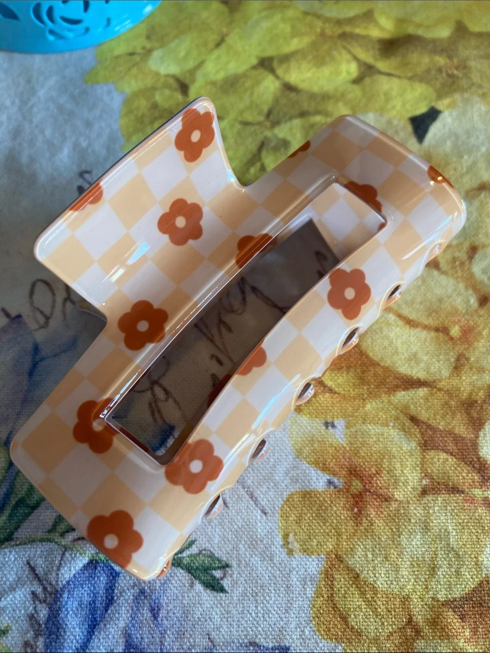 Yellow Gingham Hair Clip with Flowers